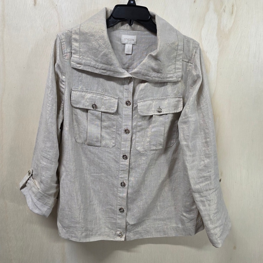 Chicos Metallic Linen Button Down Jacket Gold Shimmer Funnel Neck Size 1 Medium